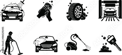 Car wash services icons set with various equipment on transparent background silhouette