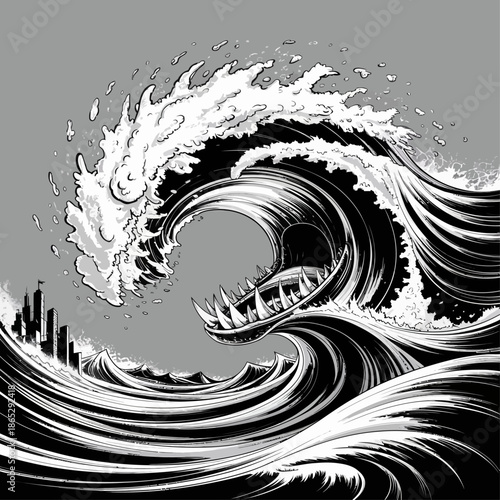 Massive monochrome tsunami wave curls violently near a city skyline symbolizing catastrophic flooding danger and nature’s unstoppable power