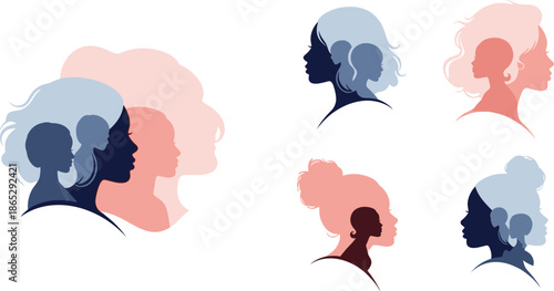 Silhouette Group Whispering Heads In Gradient Blue Pink And Black Tones silhouettes
