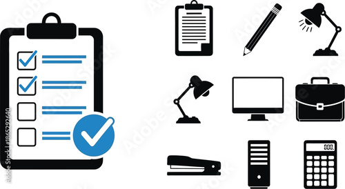 Office supplies and equipment icons in black silhouette on transparent background
