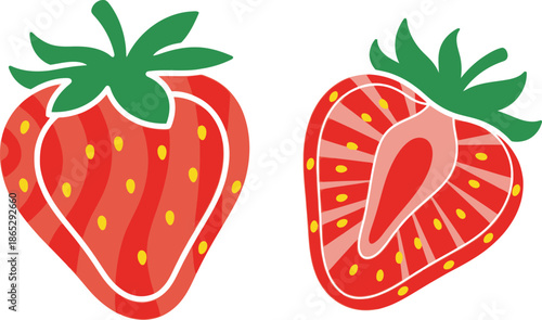 Two vibrant strawberry illustrations one whole and one cut on transparent background silhouette