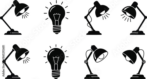 Various desk lamps and light bulbs illustration on transparent background silhouette