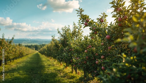Summer scene of an orchard with blossoming apple trees, suitable as a natural backdrop for agricultural layouts © AkuAku