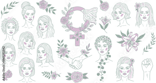 Line Women Portraits Floral Wreath Cross Hands