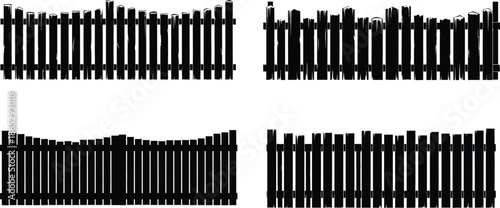 Four black fence silhouettes with varied designs on transparent background