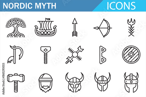 Nordic Pagan Mythology Icons Collection Line Art Style