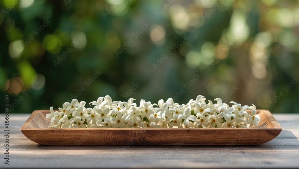 Naklejka premium Wooden tray holding jasmine flowers for natural decor, floral presentation and arrangement