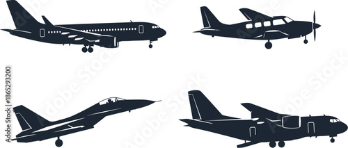 Four different aircraft silhouettes including jet propeller and transport planes on transparent background