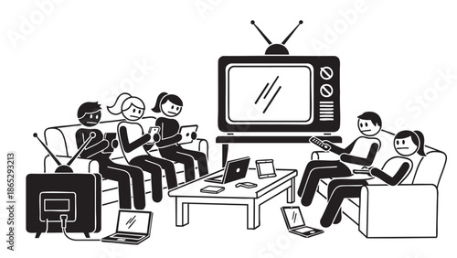 Group of people watching television and using digital devices together