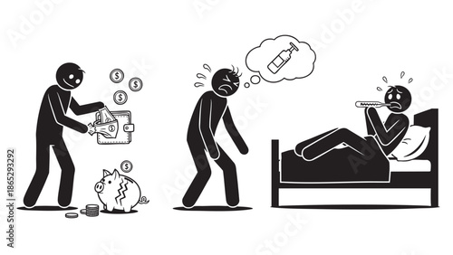 Illustration of financial stress and health impact on individuals isolated on transparent background
