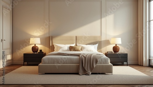 Contemporary double bed featuring an upholstered headboard and two bedside lamps, bedroom setup