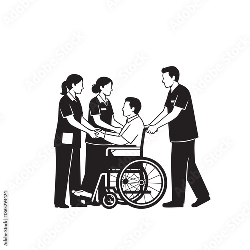 Medical team assisting patient transferring from wheelchair to hospital bed