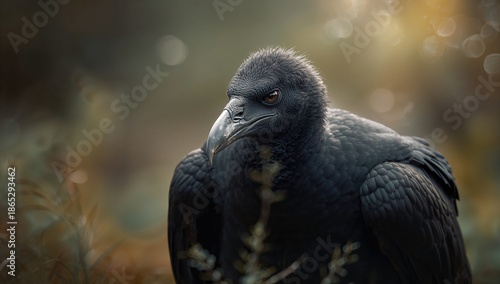 Close-up of black vulture, focusing on its role as a carrion feeder in wildlife ecosystems