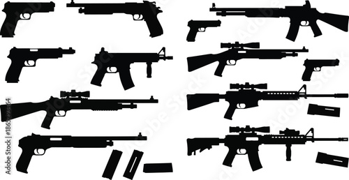 Collection of various firearms in black silhouette on transparent background