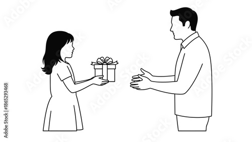 A woman giving a gift to a man in a simple line drawing style