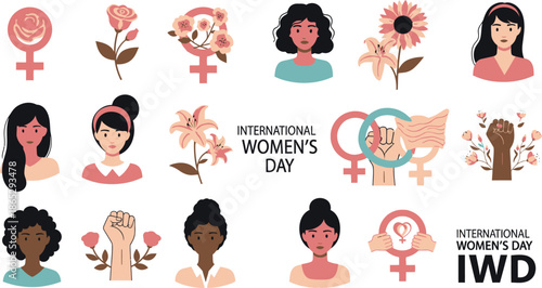 Flat Women Holding Flowers International Womens Day diversity roses