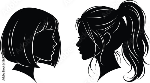 Two female profile silhouettes with different hairstyles on transparent background
