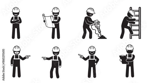 Set of construction workers performing various job site activities