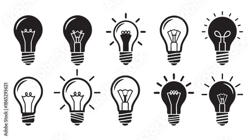 Set of creative light bulb icons with various human brain and idea symbols