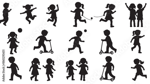 Set of diverse children playing and engaging in various outdoor activities