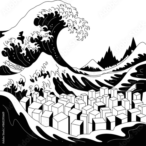 Powerful tsunami wave towers over city and boat illustrating catastrophic flooding danger urban vulnerability and nature’s destructive force