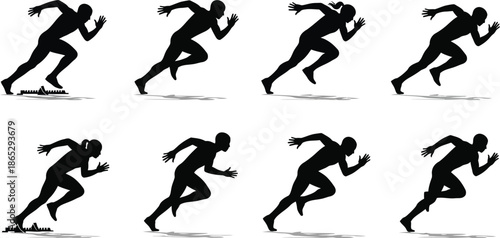 Running man sequence in various poses on transparent background silhouette