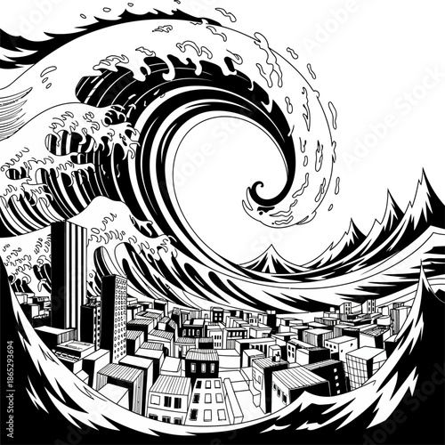 Powerful tsunami wave towers over city and boat illustrating catastrophic flooding danger urban vulnerability and nature’s destructive force