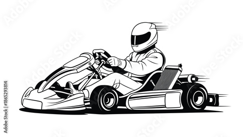 A driver intensely focused while racing a black and white go kart