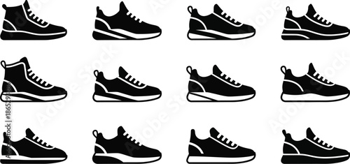 Collection of various sneaker designs in a black silhouette on transparent background