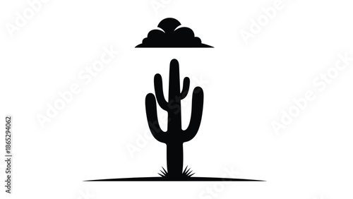 Silhouette of a saguaro cactus with a cloud above in black and white