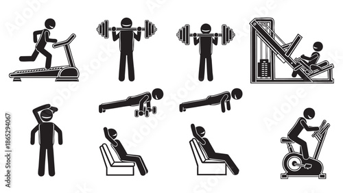 Set of fitness exercises and workout routines for home or gym training