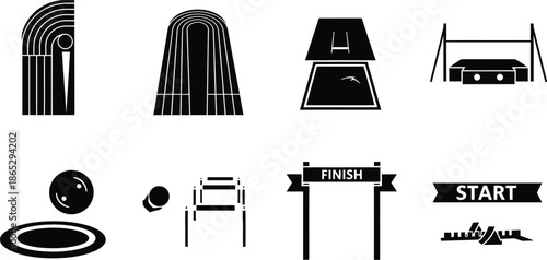 Minimalist running track elements and athlete icons on transparent background silhouette