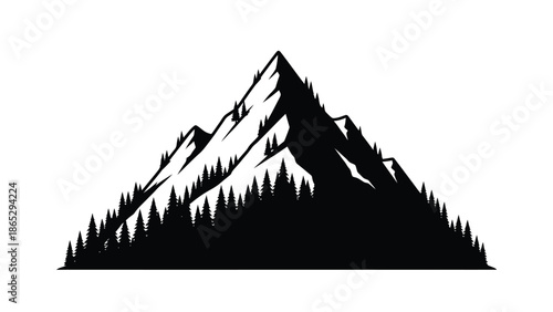 A striking black and white illustration of a coniferous mountain peak
