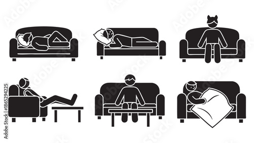 Set of vector illustrations showing different relaxation positions on a couch