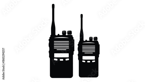 Two black walkie talkies are displayed on a plain white background