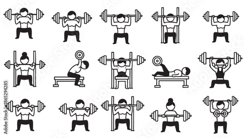 Set of weightlifting exercises and strength training workout illustrations