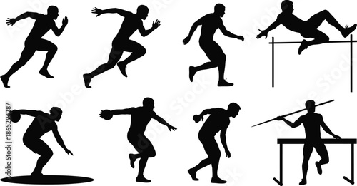 Athletic figures in dynamic poses showcasing various sports on transparent background silhouette