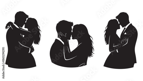 Silhouette couple embracing in romantic affectionate poses isolated