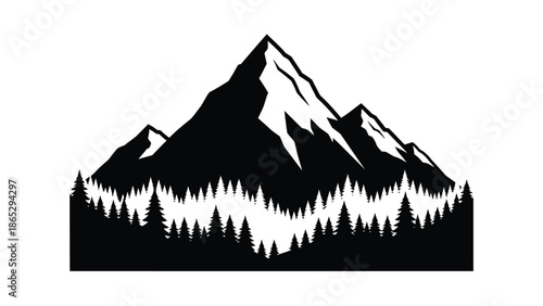 A striking black and white illustration of a mountain range with coniferous forest