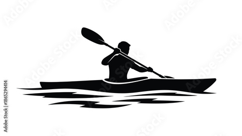 Silhouette of a kayaker paddling on water a simple black and white image