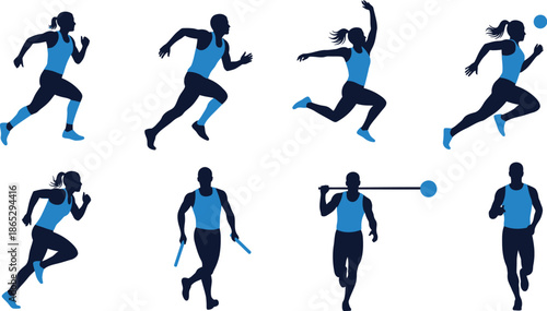 Collection of athletic figures in dynamic poses on transparent background silhouette
