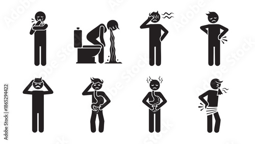 Vector illustrations of people experiencing various types of stomach pain and discomfort