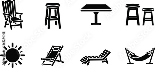 Summer furniture icons collection with sun chairs and hammock on transparent background silhouette