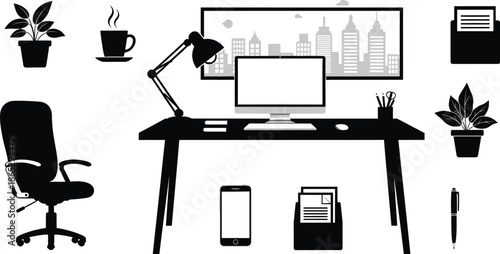 Modern workspace elements including desk chair and city view on transparent background silhouette