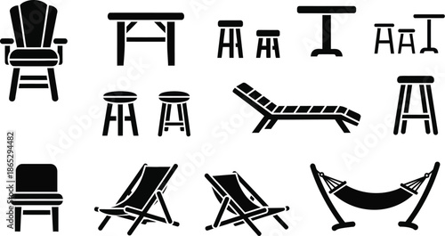 Various outdoor furniture designs in black silhouette on transparent background