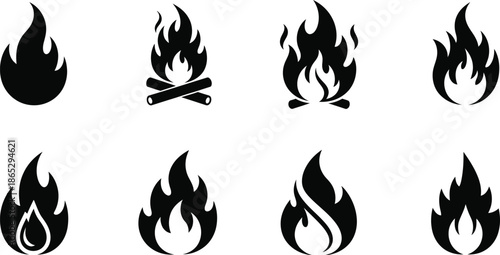 Black flame icons set different fire shapes graphic elements on transparent background silhouette
