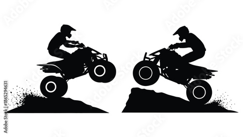 Two silhouetted atv riders conquering rocky terrain a dynamic outdoor scene