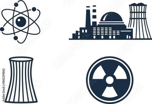 Nuclear energy icons with atom power plant and warning symbol on transparent background silhouette
