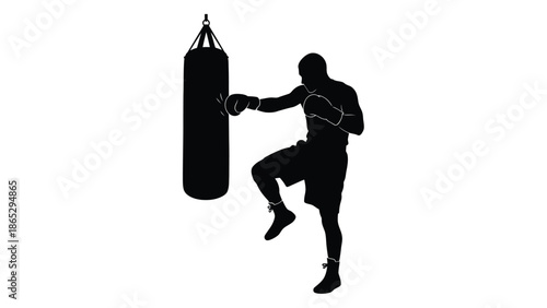 Silhouette of a boxer practicing his technique with a hanging punching bag