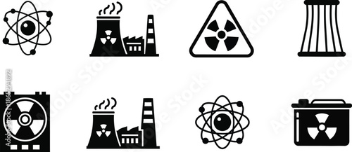 Nuclear energy icons set with atom power plant and warning signs on transparent background silhouette